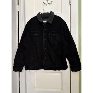 Levis Mens Sherpa Lined Trucker Jacket Black Denim Biker Rugged Gorpcore
